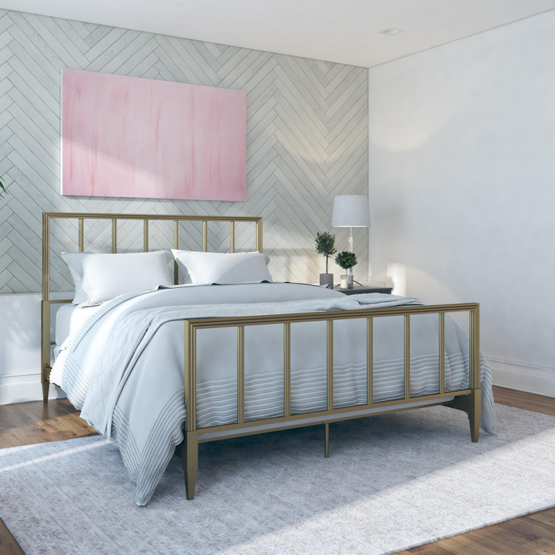 Blair King Size Golden Brass Metal Bed with Engraved Headboard