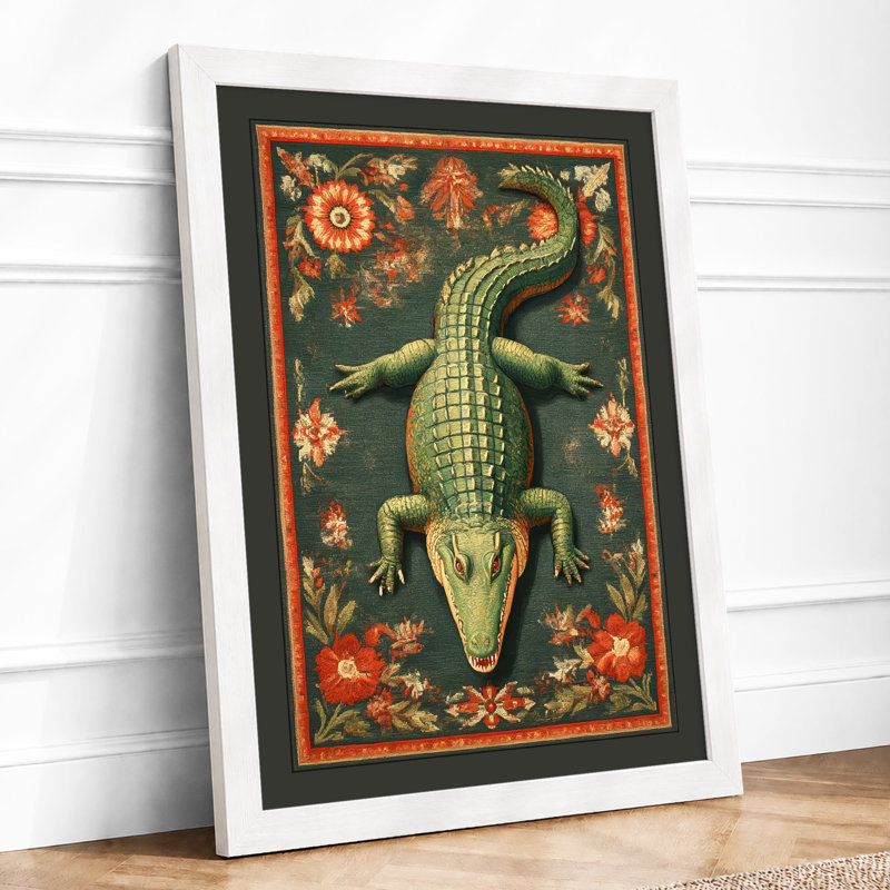 Crocodile with Florals Boho 1 Piece Single Picture Frame Wall Art, A1 - 84.1 x 59.4 cm, White