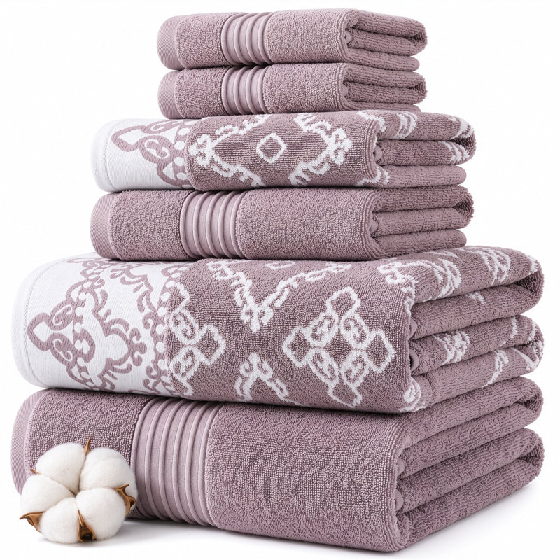 Ensemble de serviettes en jacquard réversible teint en fil 6 pièces Charlize Modern - 100% coton, Orchidée