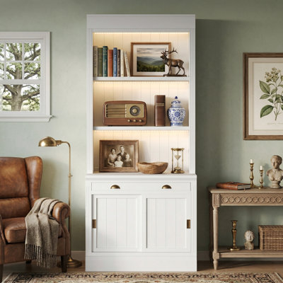 83.4" Tall Modern Bookcase with 3-Layer LED Lighting, Sliding Doors and Open Shelves, for Living Room Home Office, White