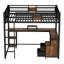 Grand lit mezzanine avec bureau et rangement, structure en métal, tiroirs non tissés, échelle, silencieux, sans sommier, noir