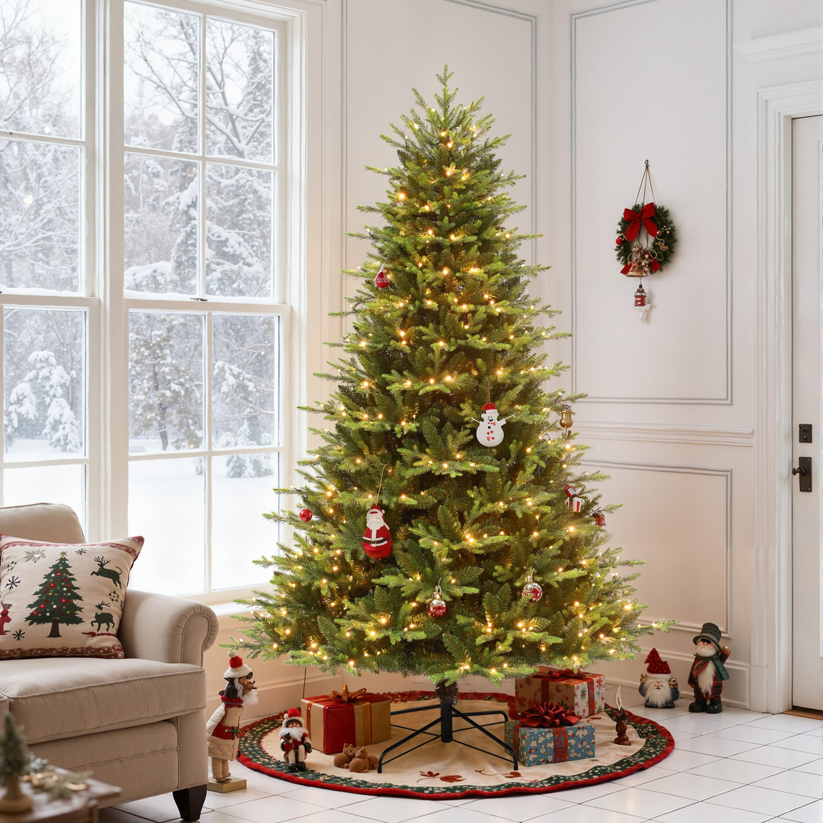 7.5FT Pre-Lit Green Artificial Hinged Spruce Christmas Tree with Remote, 2992 Tips, 750 LED Lights and 26 Light-Modes for Home, Party Decoration