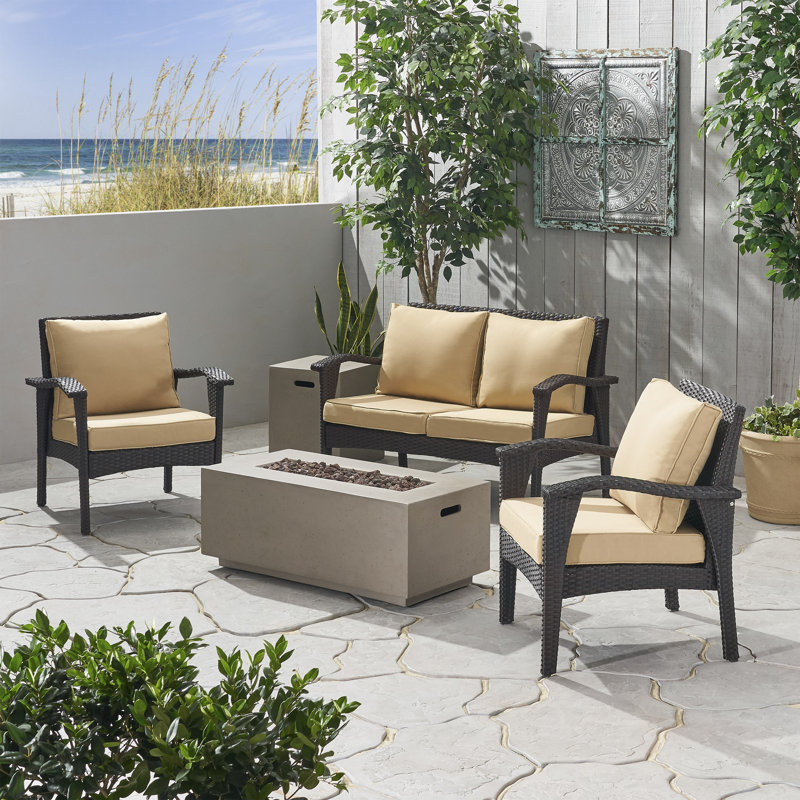 Eggo 4 - Person Patio Conversation Set with Cushions, Brown Frame / Tan Cushion