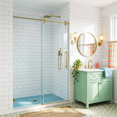 Porte de douche coulissante simple sans cadre, verre trempé de 10 mm (3/8 po) avec pellicule anti-éclats, roulettes silencieuses en acier inoxydable