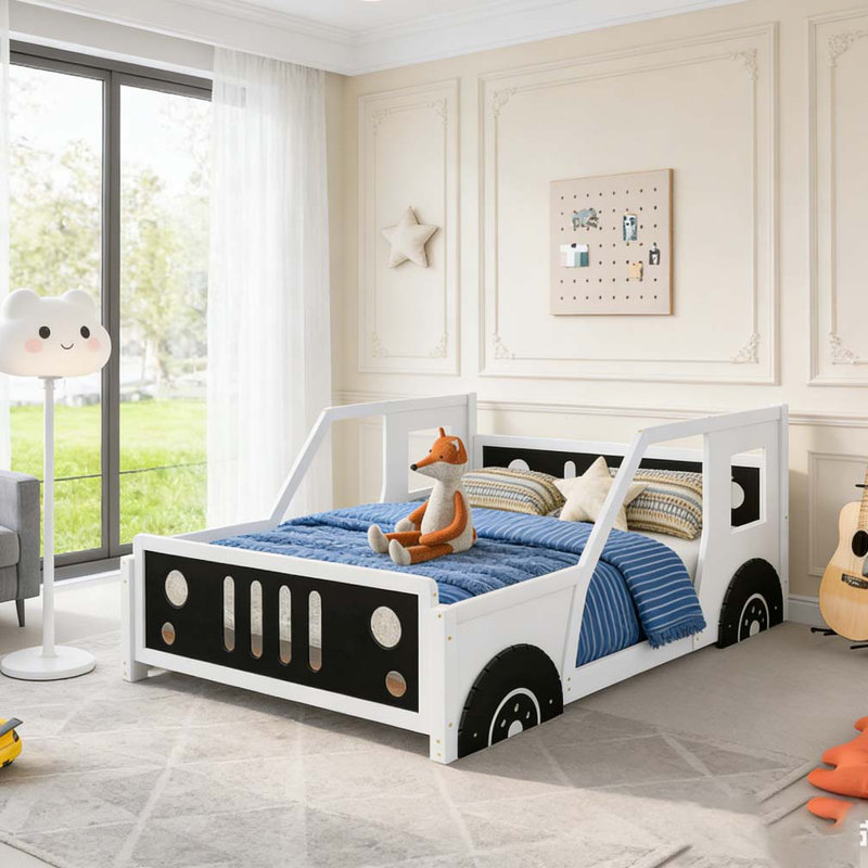 Lit plateforme simple en forme de voiture avec roues, Blanc