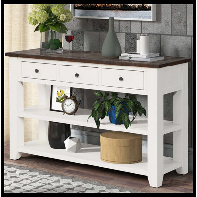48'' Solid Pine Wood Top Console Table – Modern Entryway Sofa Side Table With 3 Storage Drawers And 2 Shelves, Easy Assembly (Brown Top)