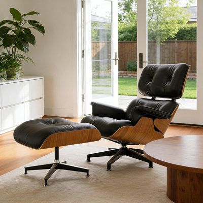 Chaise longue en cuir avec repose-pieds, structure en bois massif, base en alliage d'aluminium