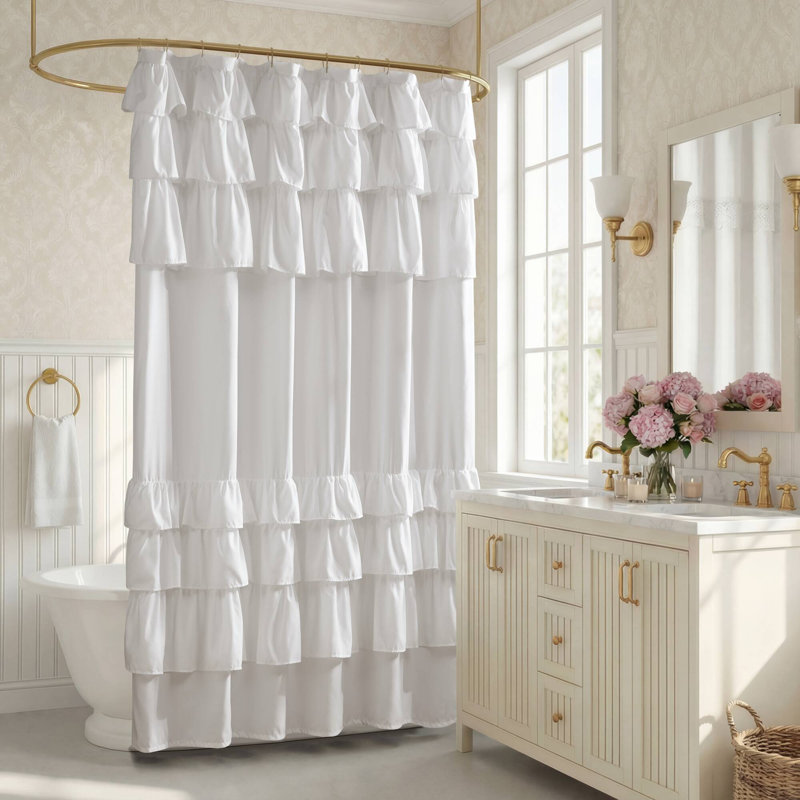 Grace Single Ruffled Shower Curtain, White, 72"H x 72"W