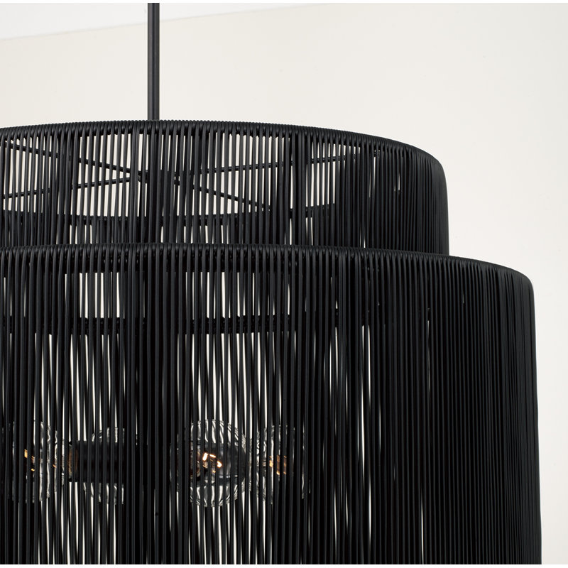 28.75" W x 20.25" H 3-Light Indoor Outdoor Pendant in Matte Black and Hand-wrapped Onyx Black Resin Rope, 28.75"W x 20.25"H