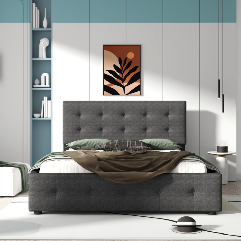 Lit plateforme tapissier avec rangement Mirbana, Gris foncé