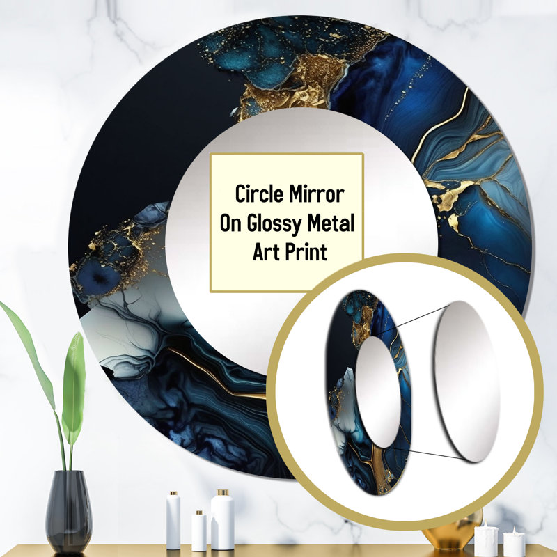 Punita Abstract Geode Gold And Blue Marble V - Marble Wall Mirror, Blue Round Decorative Mirror, Printed Metal Art, 36" x 36"