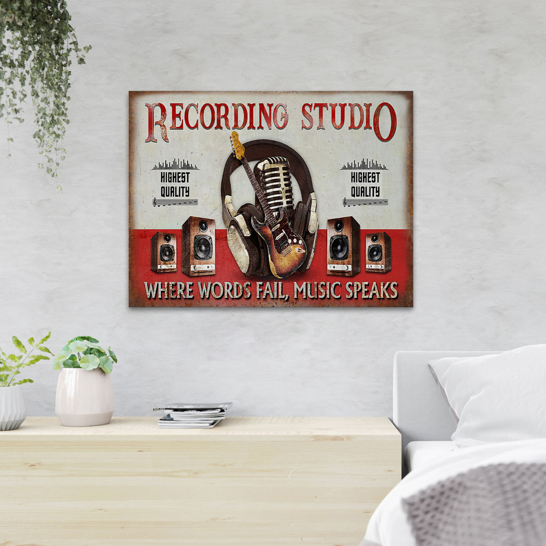 Guitar And Microphone On White And Red Background - Where The Words Fail Music Speaks - 1 Piece Rectangle Graphic Art Print On Wrapped Canvas Trinx 