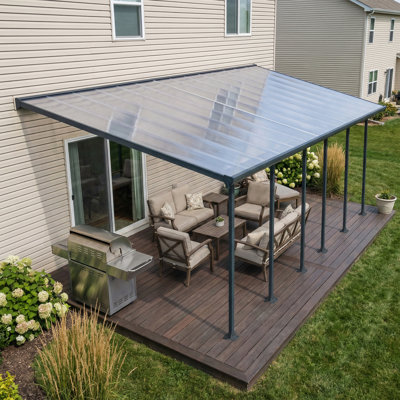 Palram - Canopia Feria 30' W x 10' D Polycarbonate Galvanized Steel Stationary Slope Patio Awning Gray/Diffused Clear