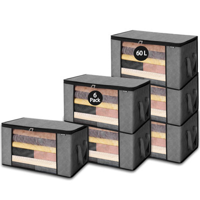 Ensemble de 6 sacs de rangement surdimensionnés 60L pour couvertures en tissu pour lit très grand édredon, gris