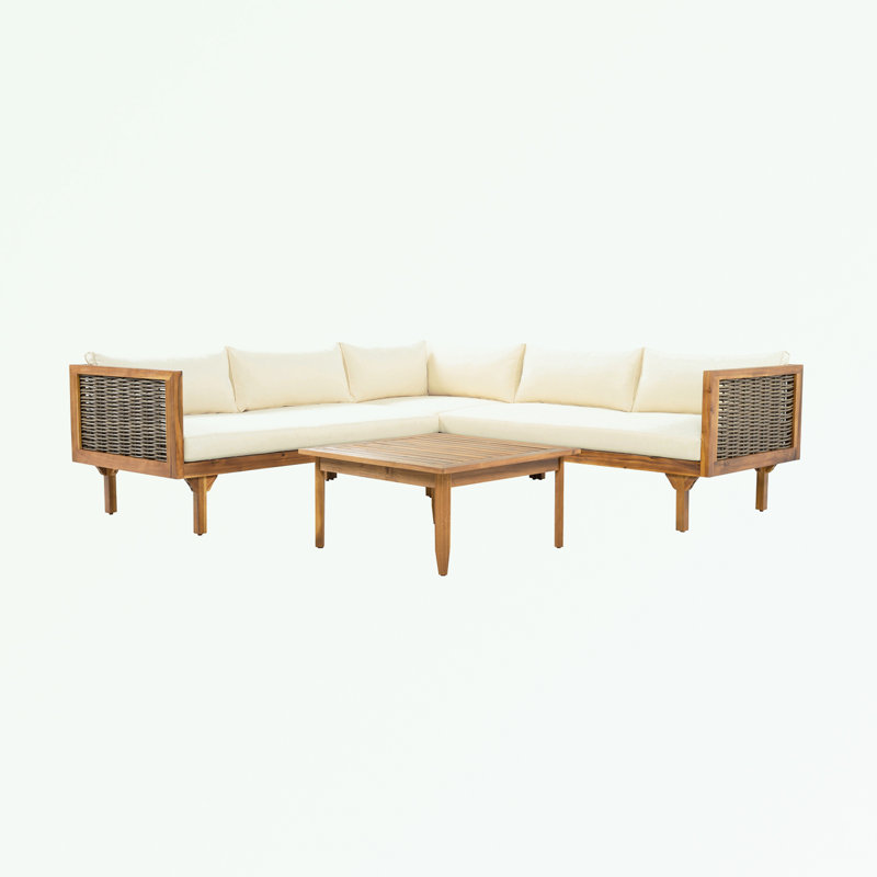 Ensemble d'extérieur 4 pièces en bois avec coussin moelleux, Beige, Naturel