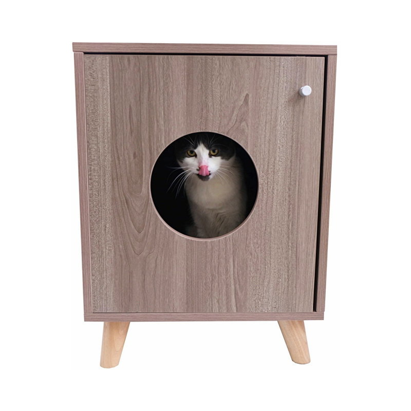 Small Gray Oak Wood Cat Litter Box Enclosure Nightstand