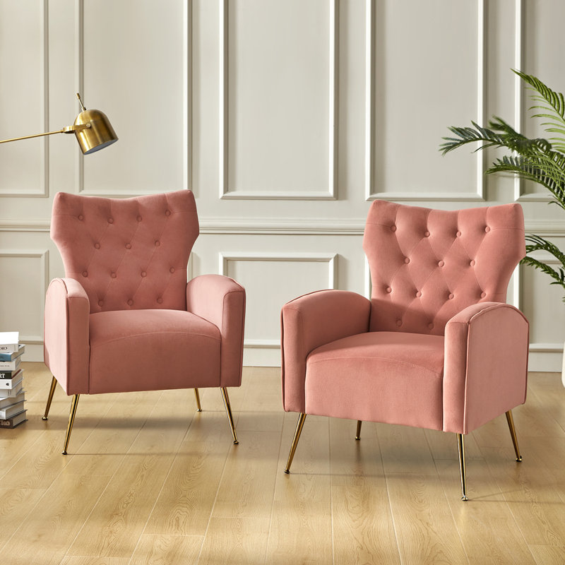 Fauteuil à oreilles en velours de polyester Tonas, Velours rose