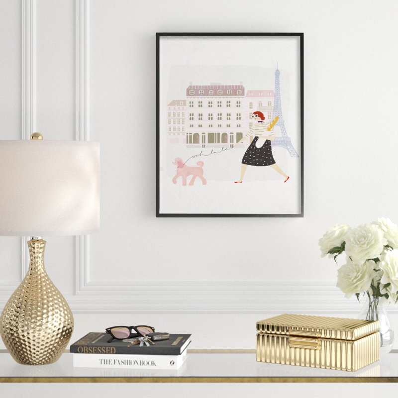 «Eiffel Tower Scene Paris Girl with a Baguette Walking Her Dog», impression, H 20 po x l 16 po x P 1,5 po