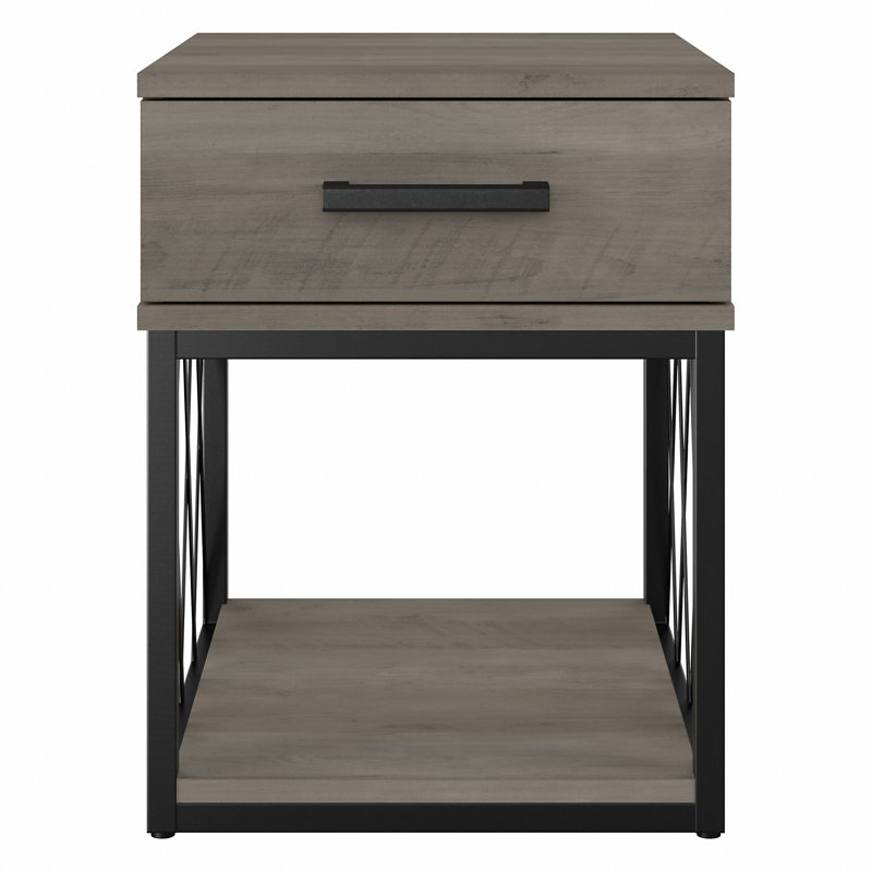 Driftwood Gray Industrial End Table with Storage Drawer