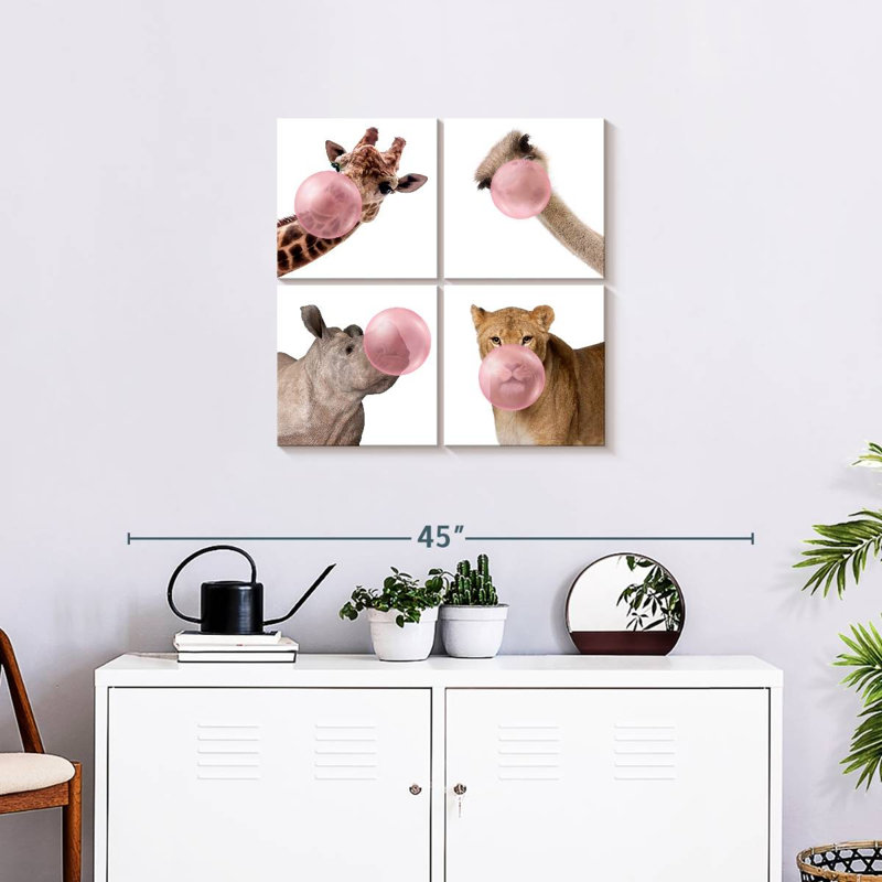 «Funny Animal Wildlife», ensemble de 4 reproductions sur toile 4 pièces par Emma P, H 26 po x l 26 po x P 1,25 po
