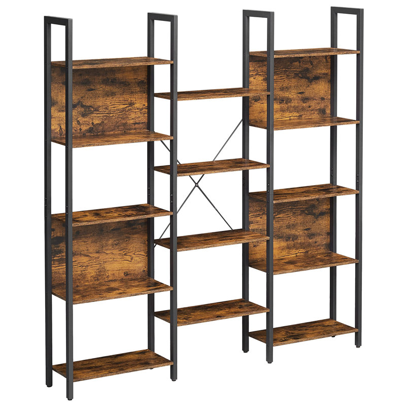 Jaliyah 166cm H x 158cm W Steel Etagere Bookcase, Rustic Brown/Black