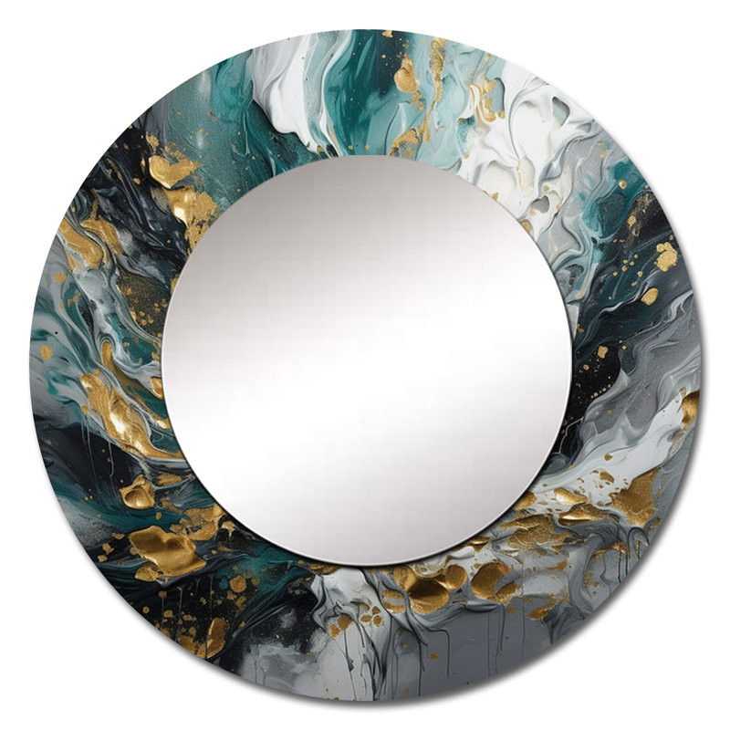 Encre de sarcelle dorée sur pierre - miroir abstrait, miroir mural rond doré unique, impression d'art en métal, 36 po x 36 po