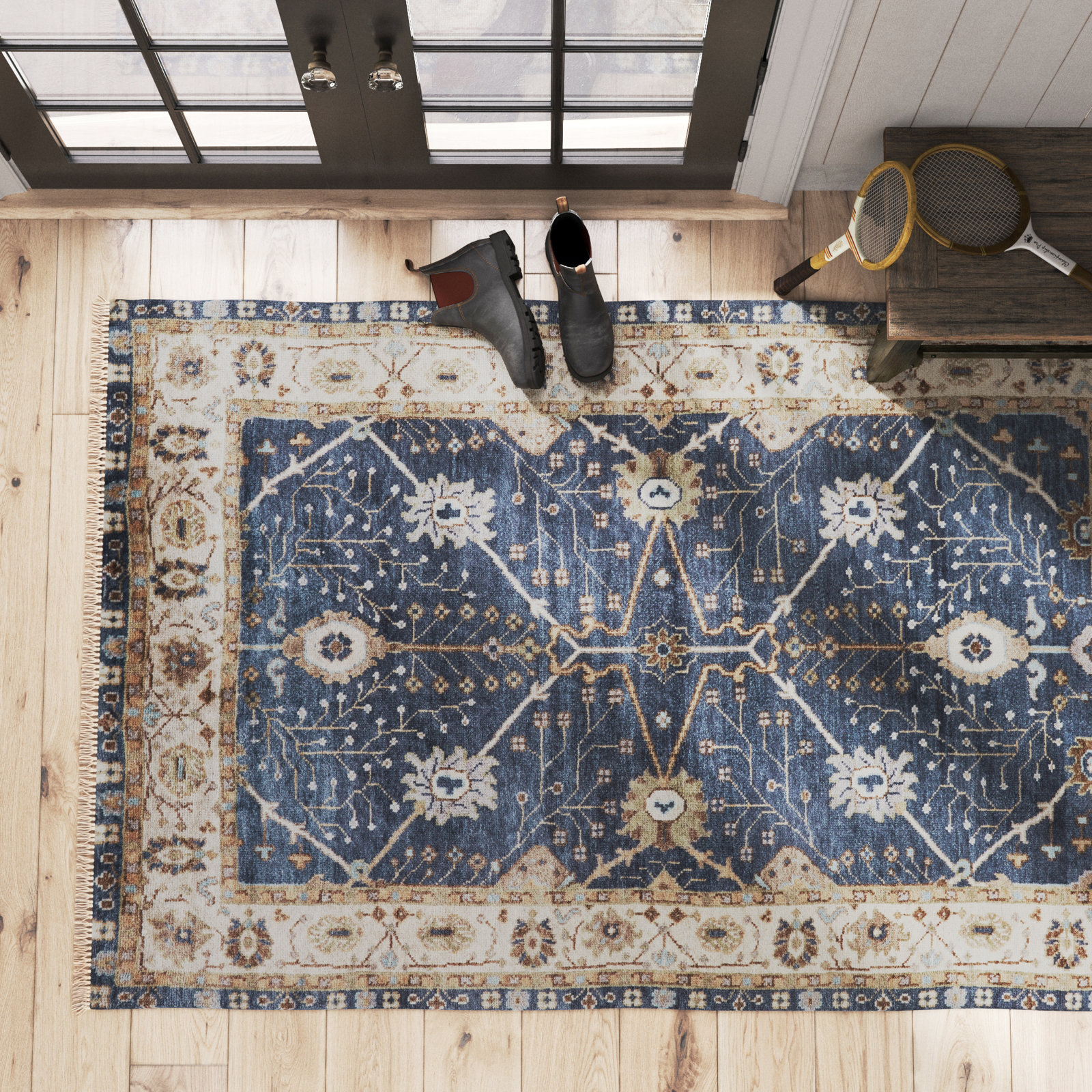 Mccombs Dark Blue Hand-Knotted Wool Oriental Rug, Rectangle 8' x 10'