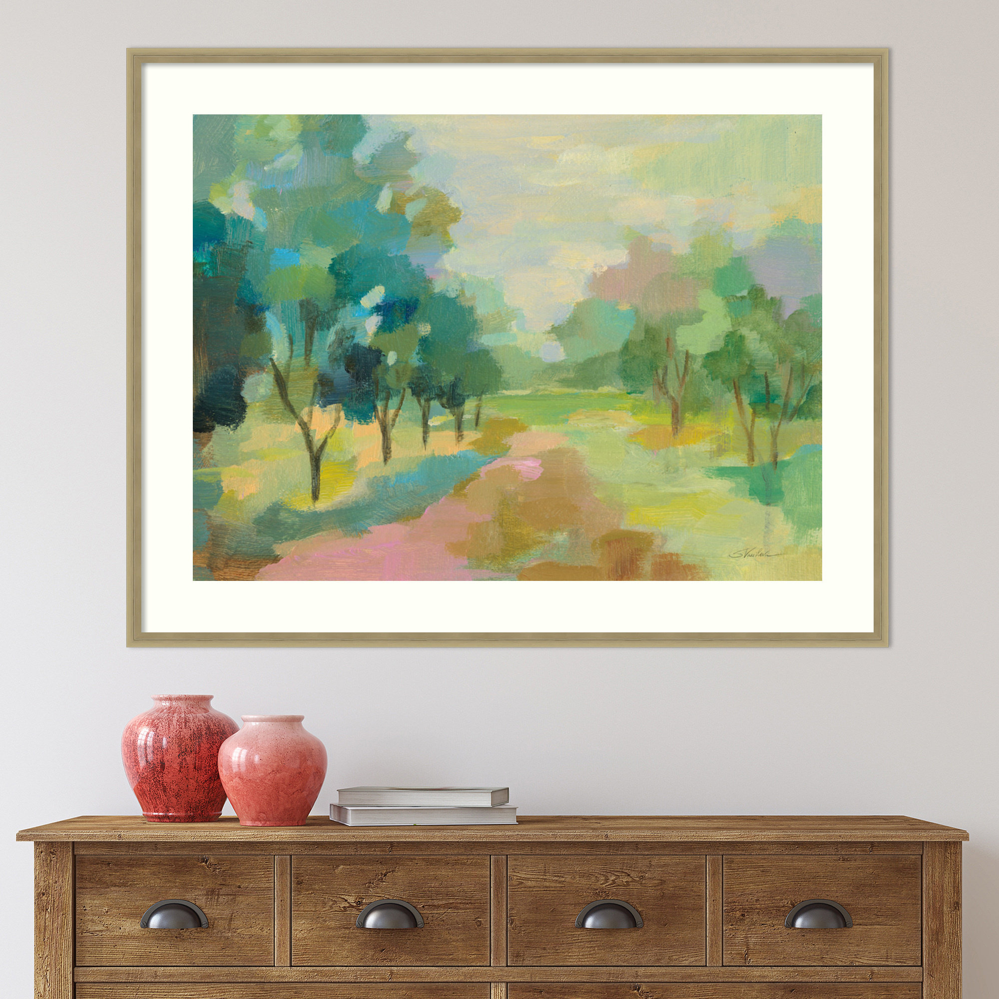 Sunrise Forest by Silvia Vassileva, 33" H x 42" W, Champagne Framed Paper