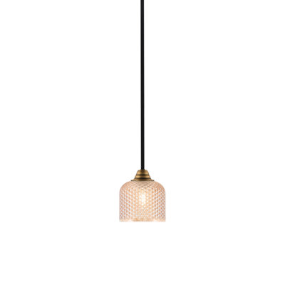 Perrin Stem Hung Mini Pendant Shown In Matte Black & New Age Brass Finish With 6" Amber Textured Glass