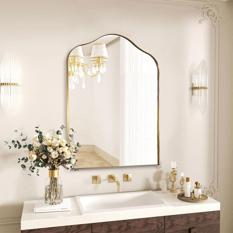 Aremi Contemporary Scalloped Arch Top Bathroom Vanity Mirror | Stainless Steel Frame, Brushed Gold, 40" x 30"