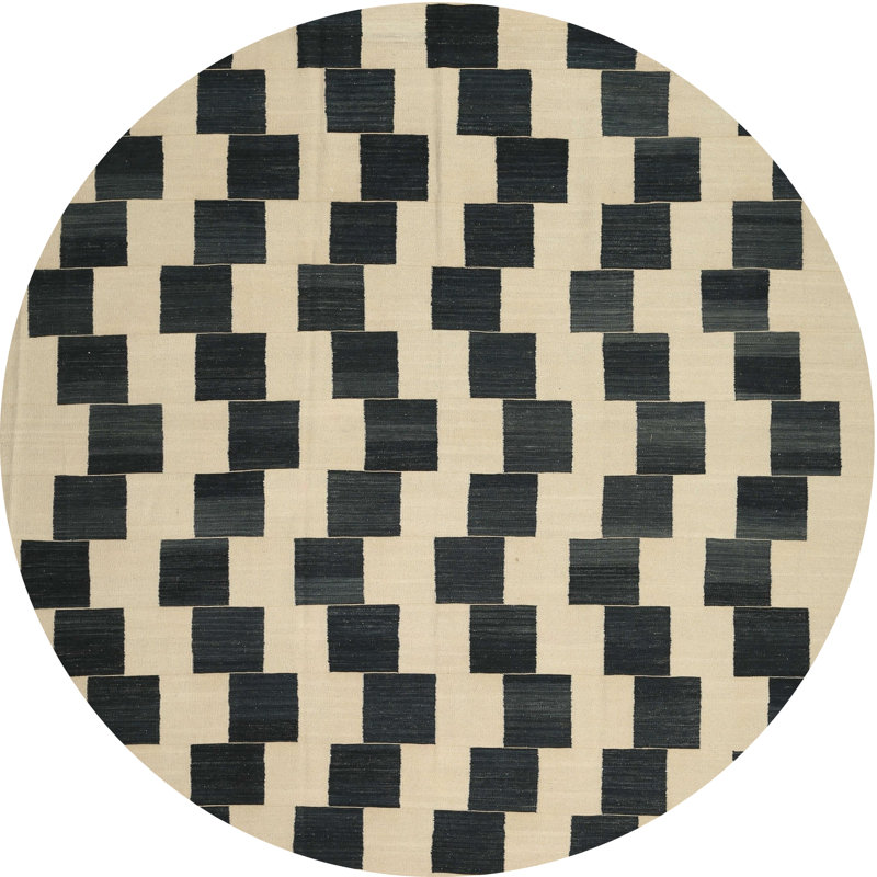 Tapis contemporain beige / noir, Rond 7 pi