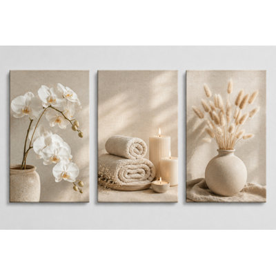 Large Set of 3 Neutral Spa Wall Art Canvas Prints, Orchid Candle Pampas Grass Zen Bathroom Decor 16x24 Inch Canvas Print - Ready to hang