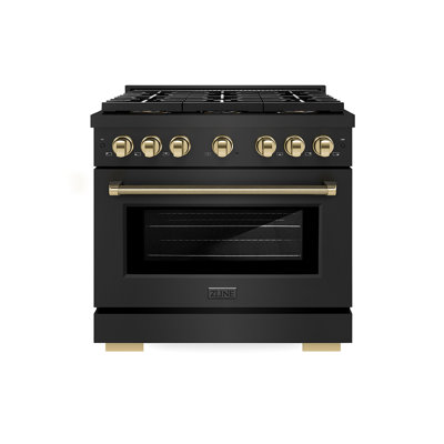 ZLINE Autograph 36 in. Paramount DuoPro Gas Range in Black Steel with Polished Gold Helix Handles