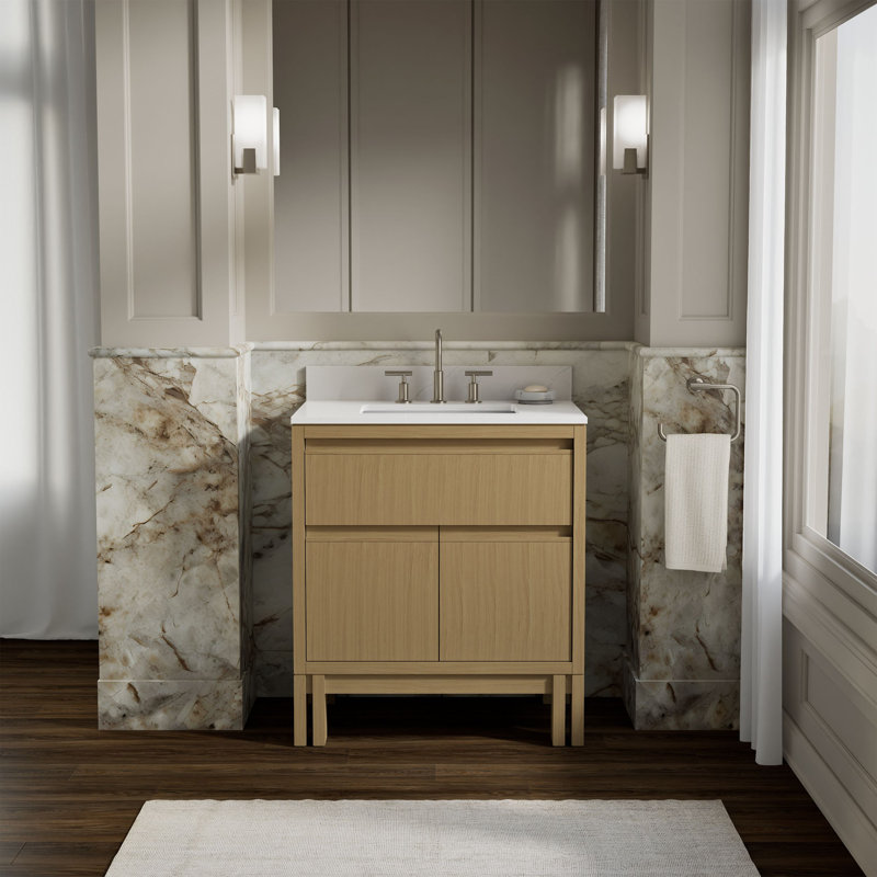 Solive Bathroom Vanity Cabinet With Sink And Quartz Top, 30", Light Oak