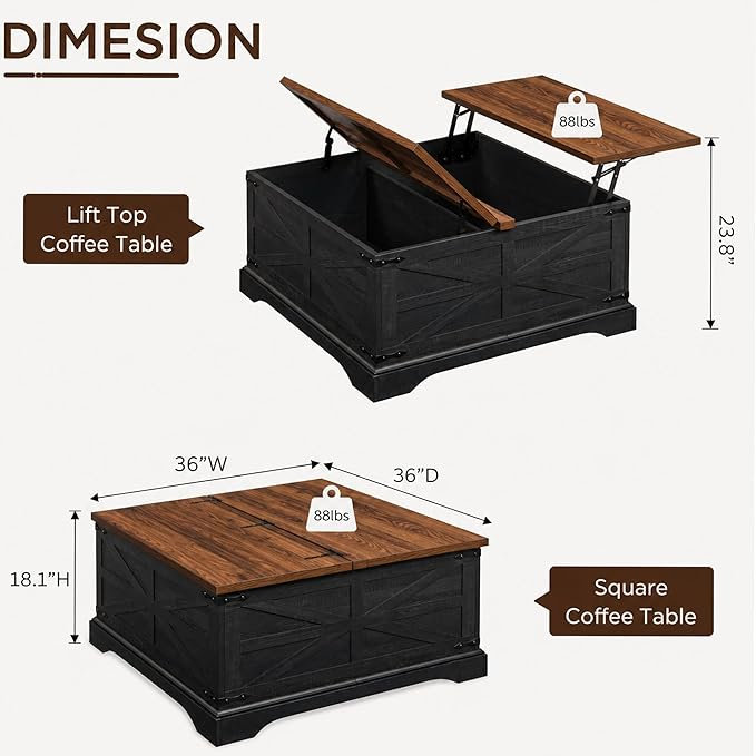 Farmhouse Lift Top Coffee Table, 36" Wood Square Living Room Table With Hidden Storage, Brown/Black