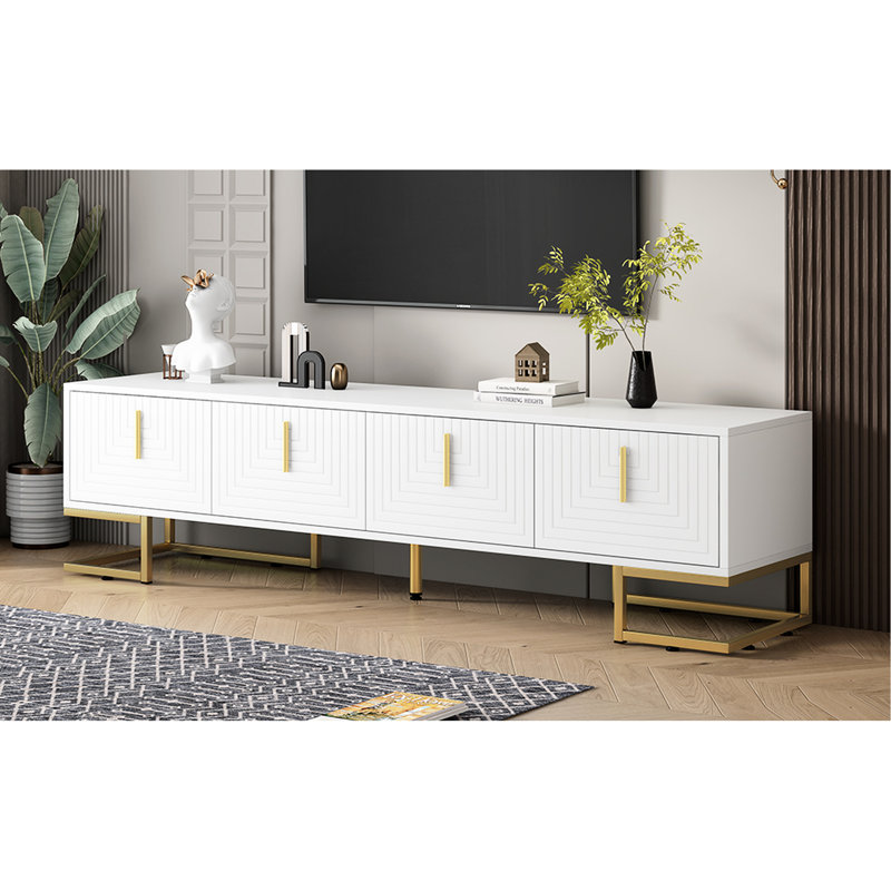Meuble télé blanc et doré avec pieds réglables en métal, console à tablettes géométriques 80 po