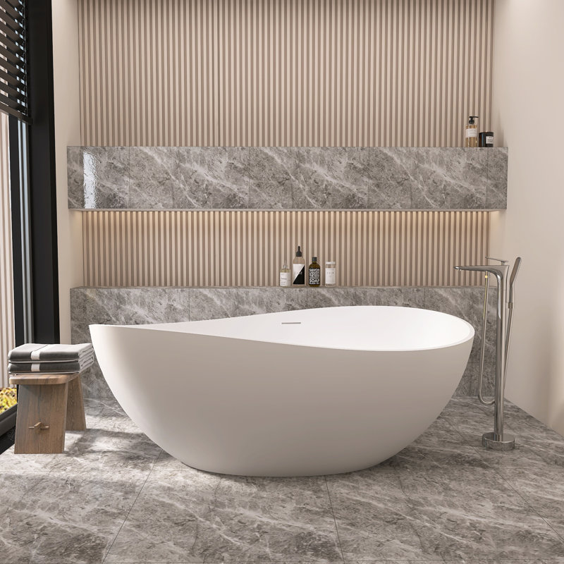 Baignoire de trempage autoportante 63 po x 37 po à surface solide blanc mat avec trop-plein et bonde escamotable