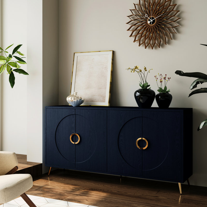 Buffet buffet 4 portes en bois bleu marine avec tablette réglable pour la cuisine, la salle à manger, le salon, le vestibule, le couloir, le bureau