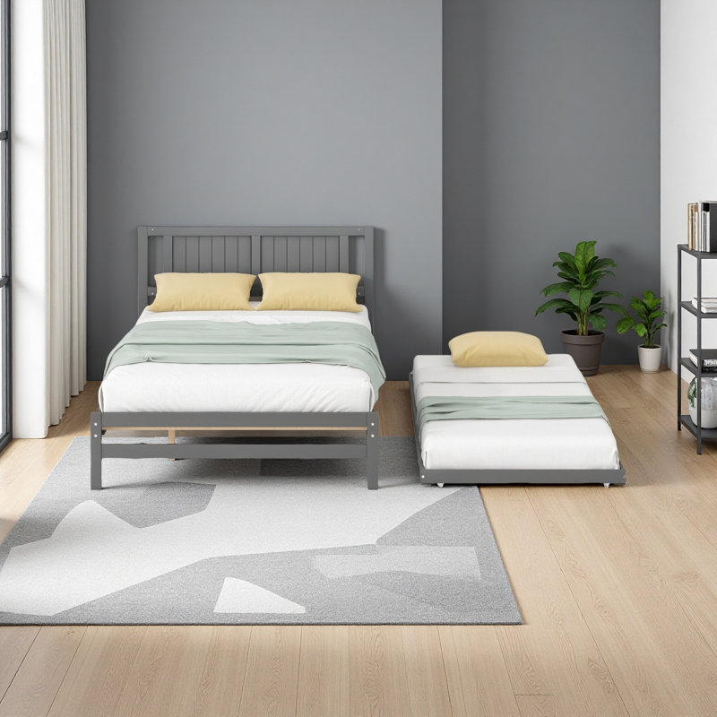 Lit plateforme double avec lit gigogne réglable, Gris
