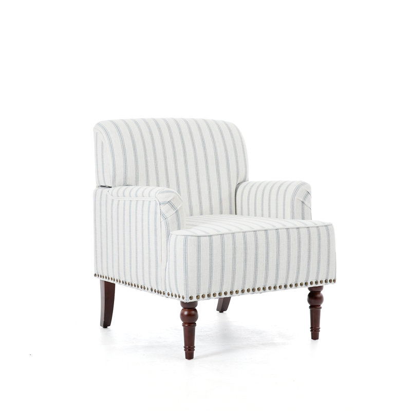 Iliana Upholstered Pinstripe Light Blue Cotton Blend Armchair with Solid Wood Legs and Nailhead Trim