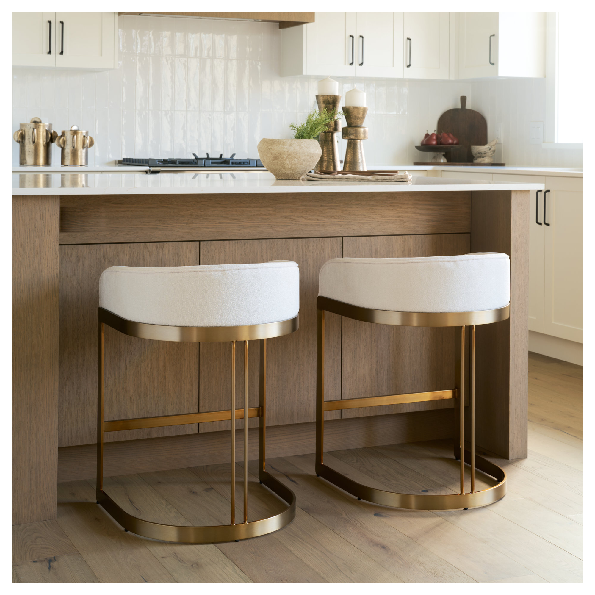 Bradley Upholstered Bar & Counter Stool, Gold, Counter Stool (24.75" Seat Height), White Performance