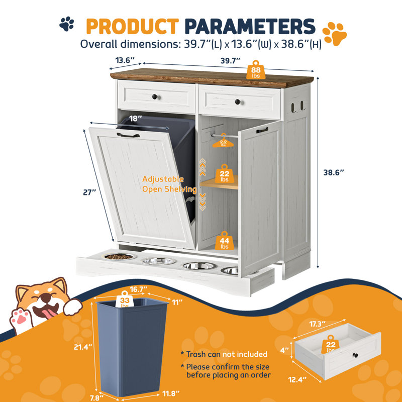 Armoire de rangement pour chien à deux portes de 39,7 po de largeur, station d'alimentation inclinable avec 4 bols et panneau réglable, armoire d'alimentation pour animaux