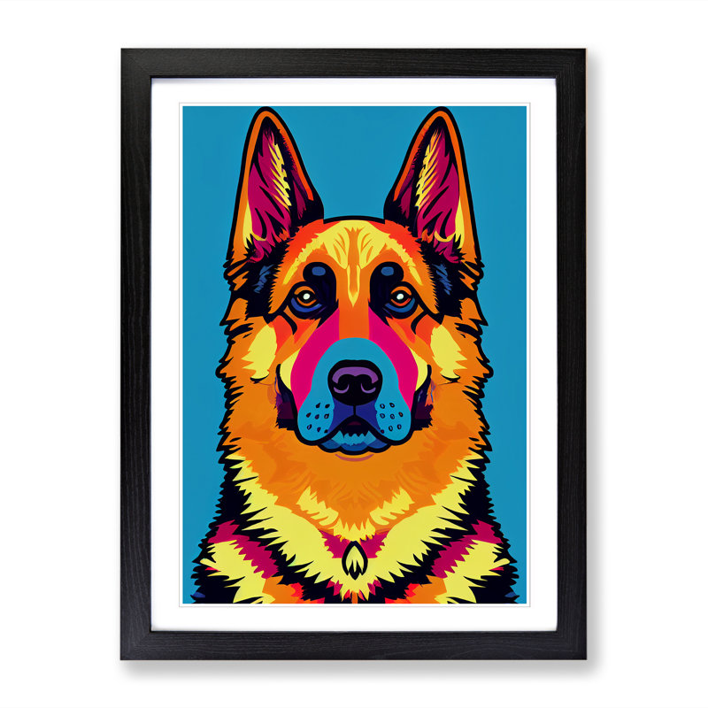German Shepherd Pop - Wall Art, 34cm H x 25cm W x 2cm D, Black Framed Paper, White