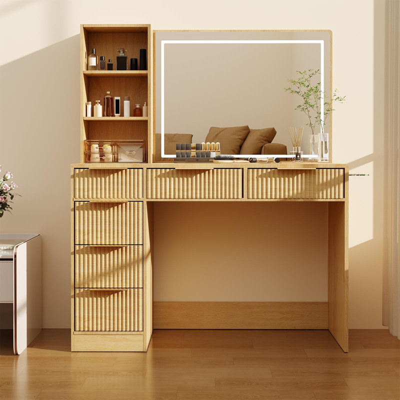 Meuble-lavabo cannelé de 52 po avec miroir et éclairage réglable, Tanné