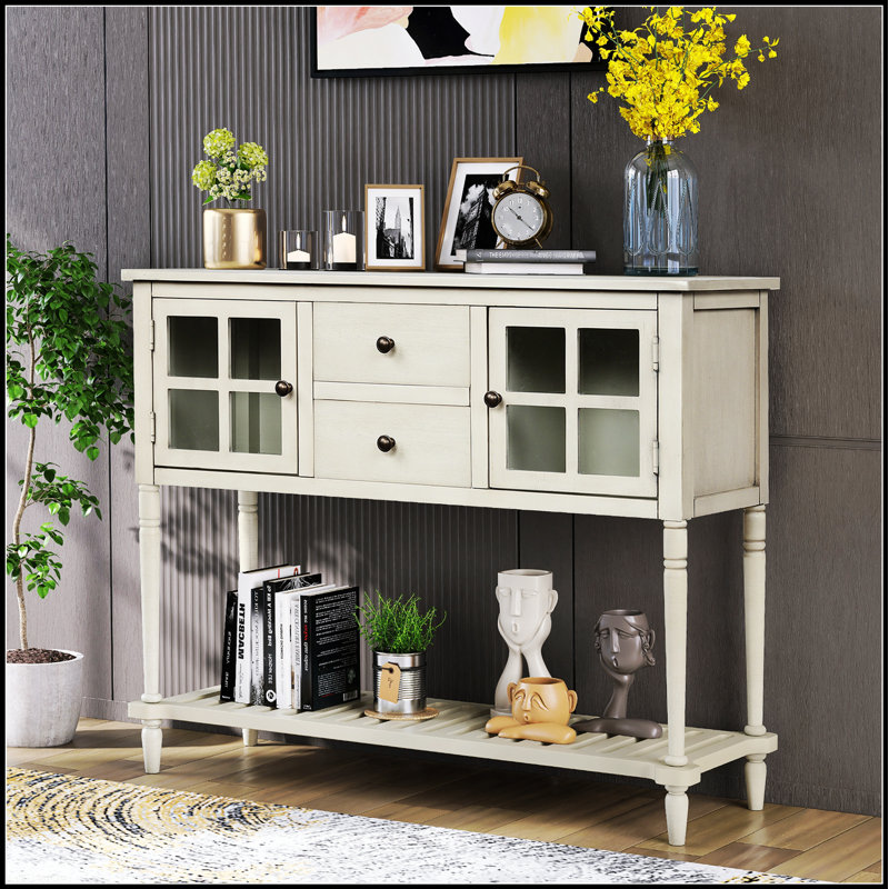 Console Farmhouse en bois / verre avec tablette inférieure, rangement spacieux et style rétro vieilli pour le salon