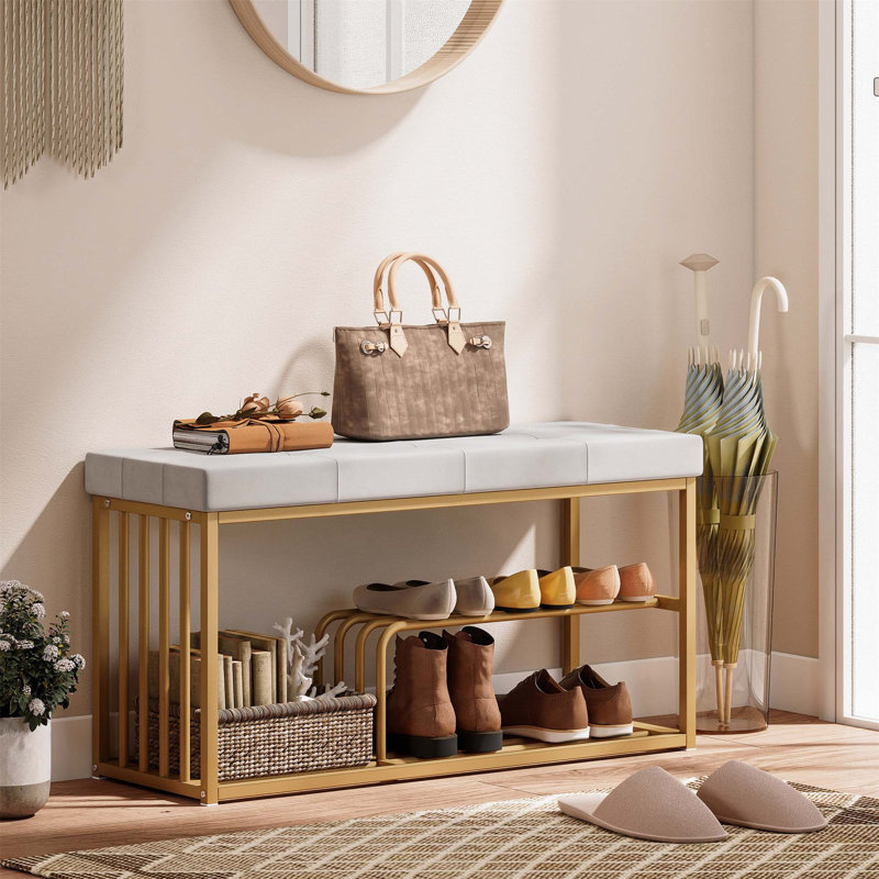 8 Pair Shoe Storage Bench, Gray/Gold