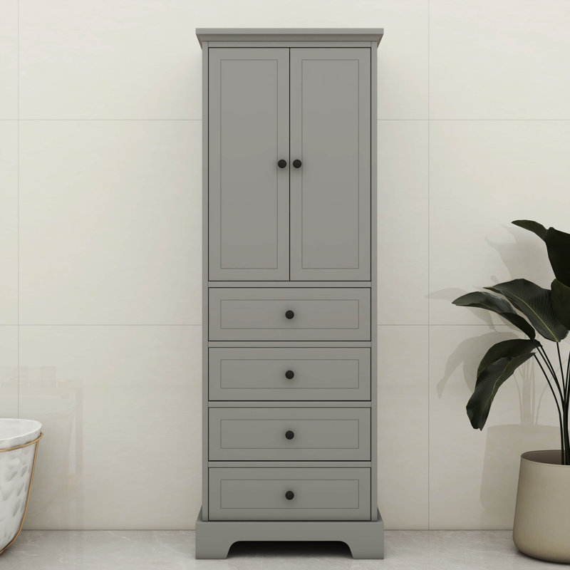 Élégante armoire de rangement avec 2 portes et 4 tiroirs pour la salle de bain et le bureau, Gris