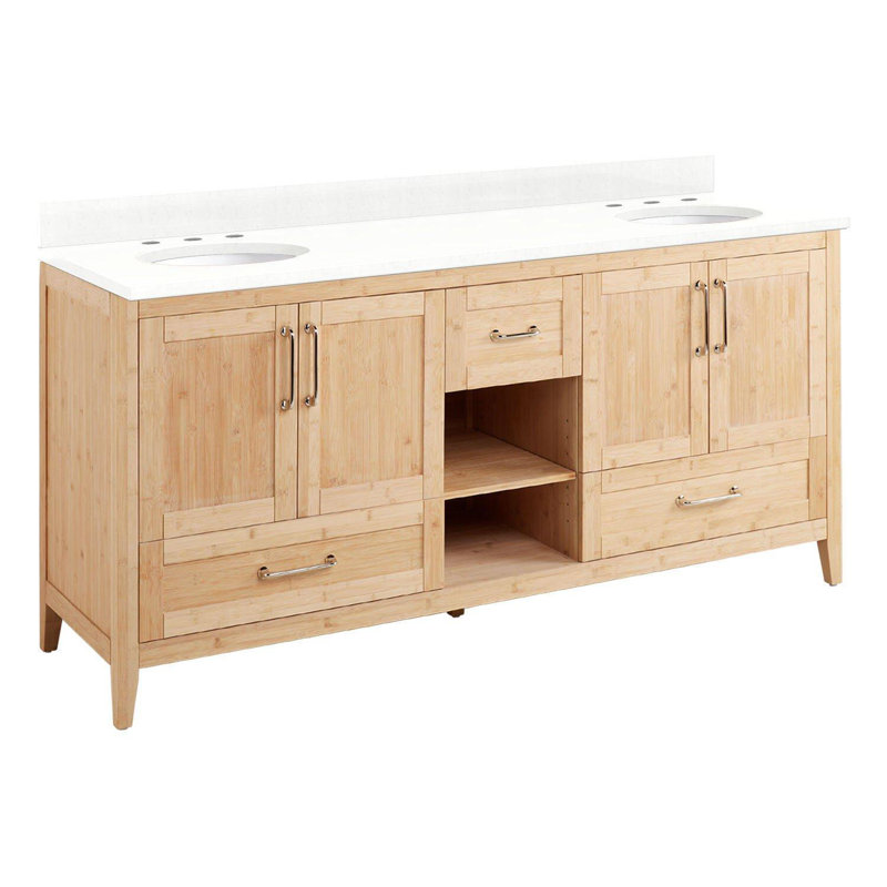 Ensemble de meuble-lavabo double 72 "avec lavabos ovales encastrés Burfield, 8 po, Quartz blanc plume, Blanc