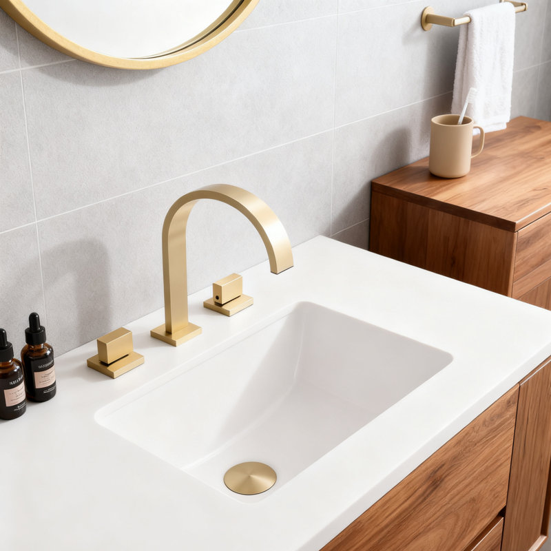 9-4/5" Solid Brass Two Handle Widespread Bathroom Sink Faucet With Drain Assembly, Brushed Gold