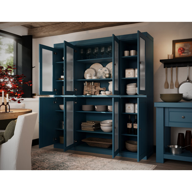 Vaisselier 100% bois massif 65 "avec verre givré, portes solides et tablettes réglables, Bleu sarcelle